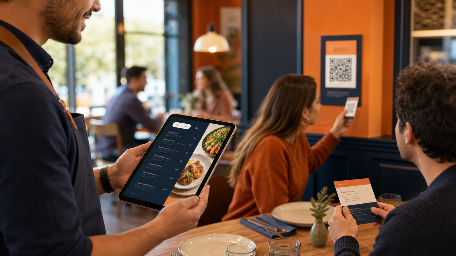 Tablet con menú digital en el interior de un restaurante, clientes consultando QR y diseño en tonos naranja y azul marino