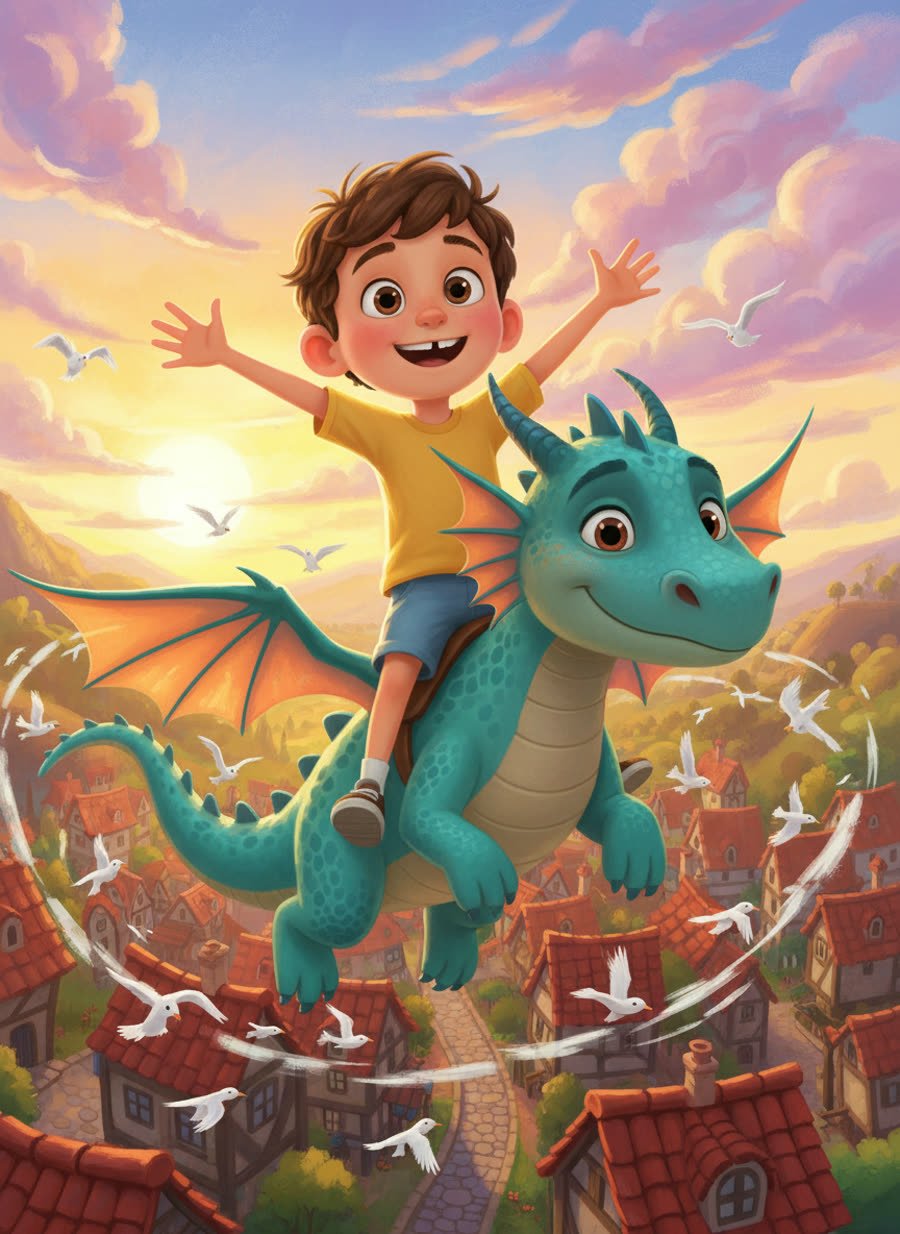 El mismo niño ilustrado volando en dragón